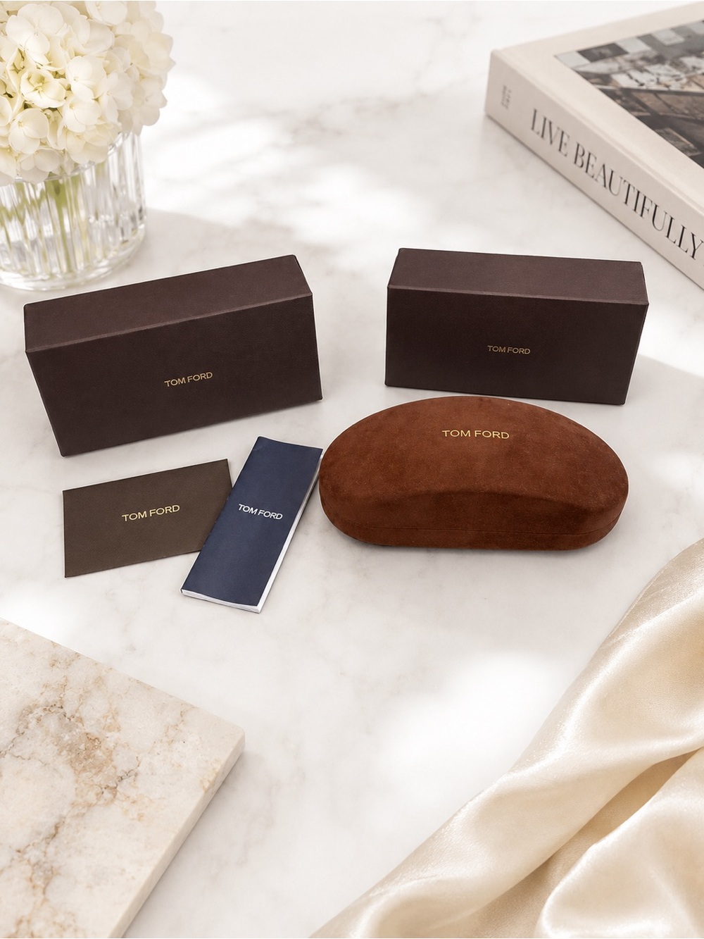 Tom Ford Brown Suede Sunglasses Case with Branded Boxes